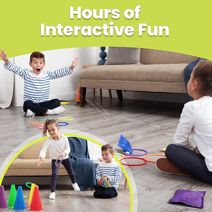 Prextex Multicolored 3-in-1 Yard Game Set - Ring Toss Game, Bean Bags, Cones - Outdoor Toys for Toddlers & Kids, Children's Indoor Play, Family Fun Carnival Games, Kids Party Cornhole Set, Lawn Games