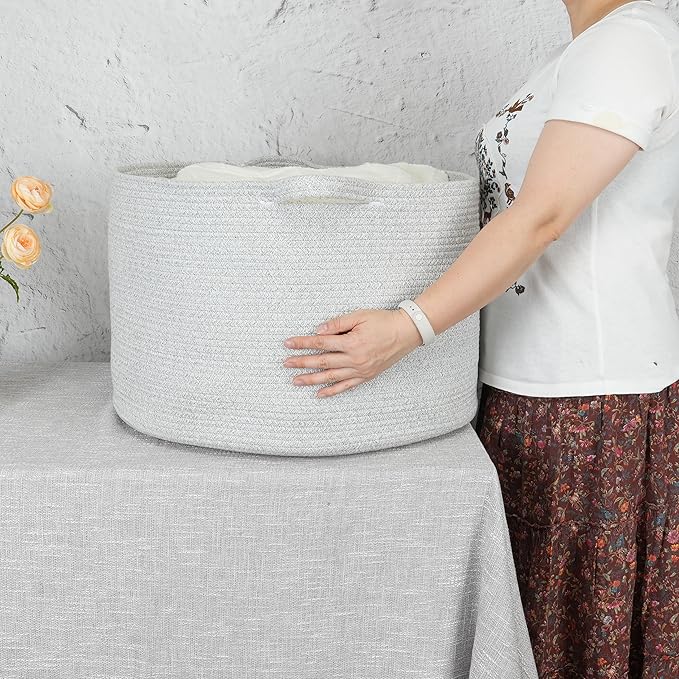 Large Cotton Rope Basket – 22"x14" Woven Storage Baskets for Blankets, Toys, Laundry, and Nursery – Round Basket for Living Room, Kids, and Pets Grey