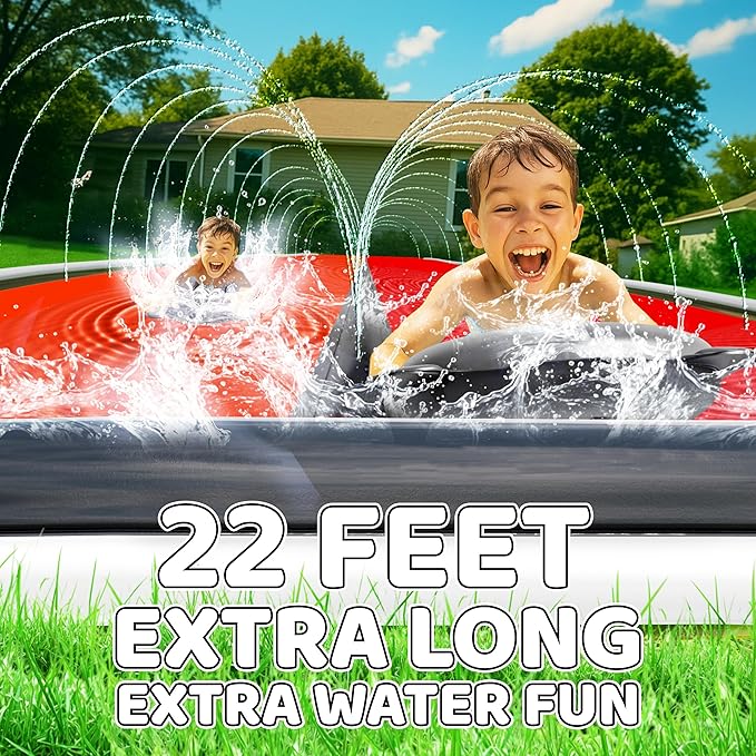 JAMBO 22Ft Water Slide and 2 Bodyboards, Extra Long Heavy Duty Slip Splash and Slide with Inflatable Bumpers, Pirate Splash Mat Water Sprinkler, Outdoor Water Toys, Summer n Toy, Splash Pad