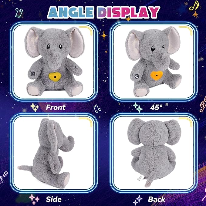 Cuteoy Plush Gray Elephant Star Projector Musical Adjustable Singing Night Light Stuffed Animals Glowing Plushies Toy Gifts for Kids Birthday Easter Christmas,13''