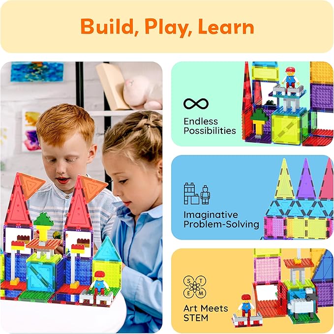 PicassoTiles 353pc Magnetic Brick and Magnet Tile Combo Set with Action Figures STEM Building Block Educational Construction Kit Preschool Classroom Toy Learning Activities for Kids Age 3 Plus PTL353