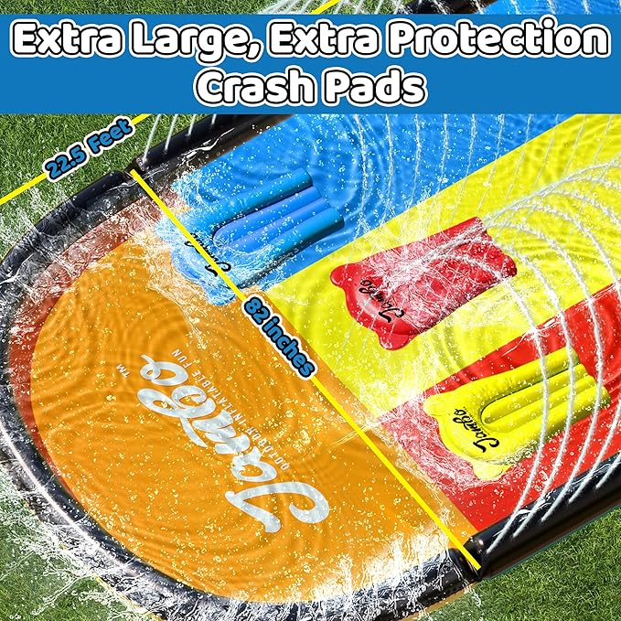 JAMBO 22.5ft Triple Lane Slip Splash and Slide with 3 Bodyboards with Built in Surround Sprinkler for Backyard Outdoor Water Fun for Kids