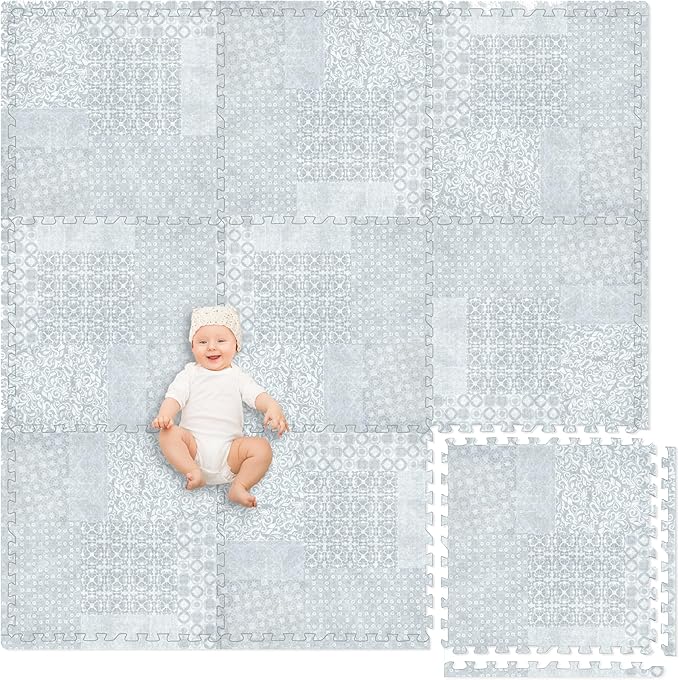Play Platoon Large Baby Play Mat for Floor 9 Tile 72 x 72 in - Extra-Thick Interlocking Foam Tiles 24 x 24 in - Soft Puzzle Mats for Playroom - Neutral Playmat Rug - Grey, Boho Modern