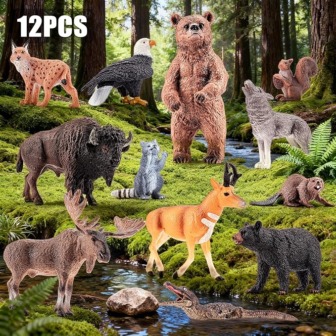 12PCS Large North American Animal Figurines, Realistic Safari Woodland Jungle Animals Figures Toys Includes Crocodile,Wolf,Bear,Deer Cake Toppers Birthday Gift Party Favors Toys for Toddlers
