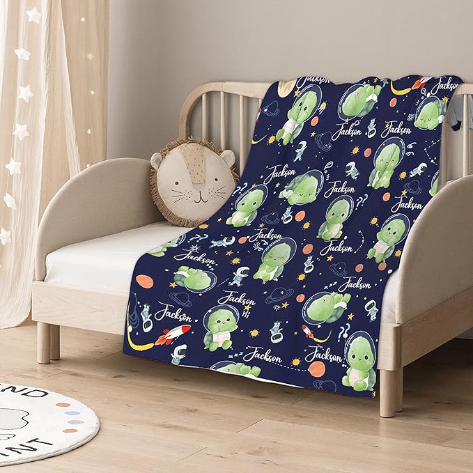 Personalized Custom Baby Blanket with Name - Astronaut Turtle Swaddle Blanket for Toddlers, Infants, Kids, Newborns - Nursery Stroller Crib Decor Throw - Birthday Gift