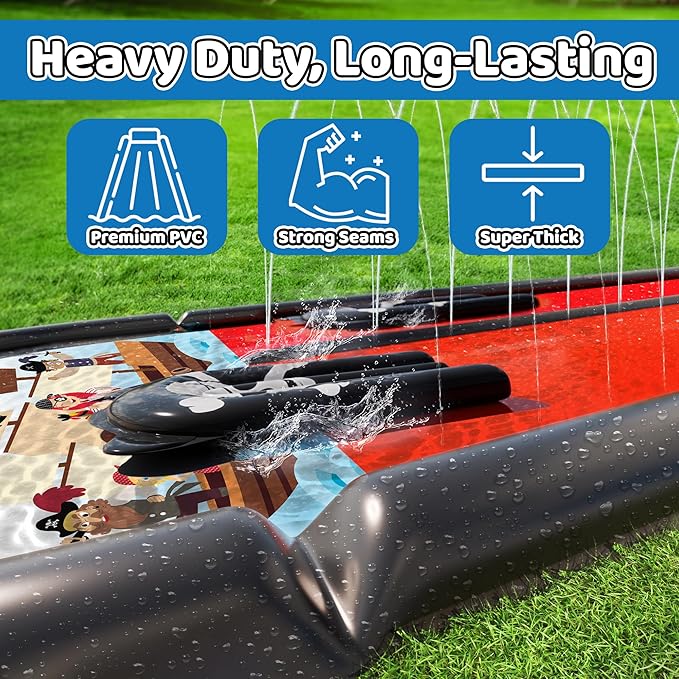 JAMBO 22Ft Water Slide and 2 Bodyboards, Extra Long Heavy Duty Slip Splash and Slide with Inflatable Bumpers, Pirate Splash Mat Water Sprinkler, Outdoor Water Toys, Summer n Toy, Splash Pad