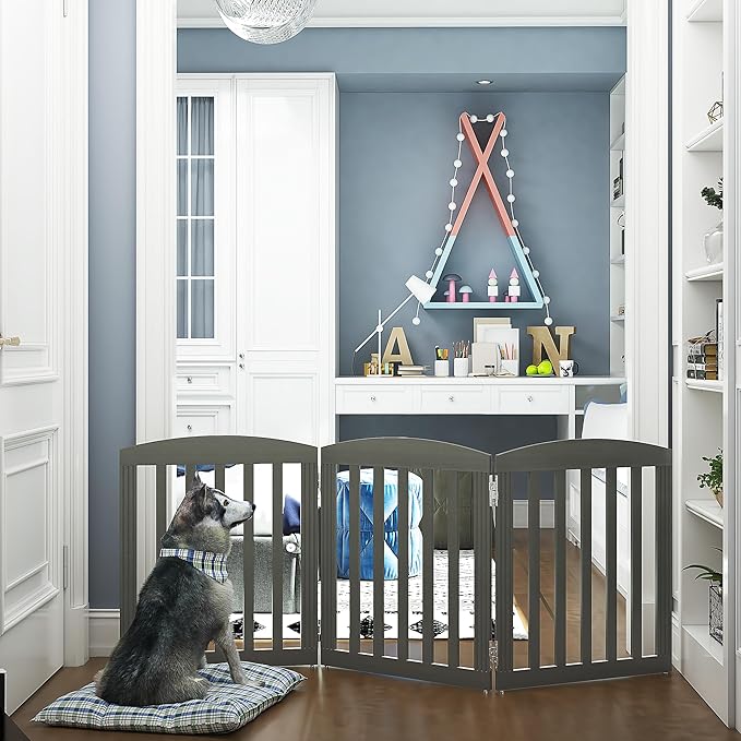 SPIRICH Wooden Freestanding Foldable Dog Gate, Extra Wide Step Over Puppy Gate, 3 Panels, Grey