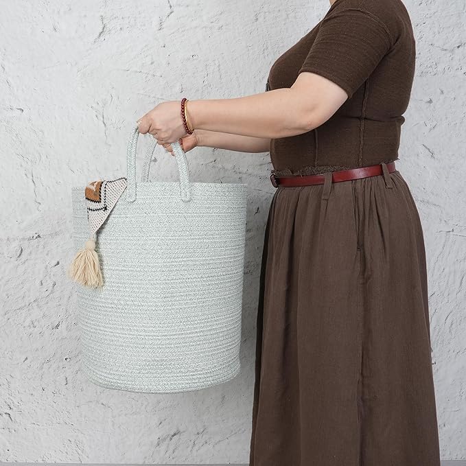 Cotton Rope Laundry Basket Hamper for Clothes Woven Storage Basket for Living Room Bedroom Boho Tall Rope Baskets for Blanket Toys Pillow Towels Baby Nursery Hamper Bin green