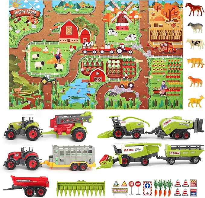 Oriate Farm Tractor Set 34 Piece Die Cast Vehicle Value Playset, Large Size 4.8" Tractors Toy Kids Birthday Gift, Farm Play Mat Tractors Animals Trailer Toys, Farm Equipment Accessories