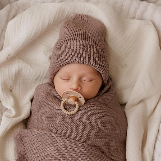 Luladream Pacifier and Clip Set - Natural Rubber Nipple - Soft Teething Handle - for Infants Baby's and Toddlers, 0-18 Months (Camel + Cream + Clips)