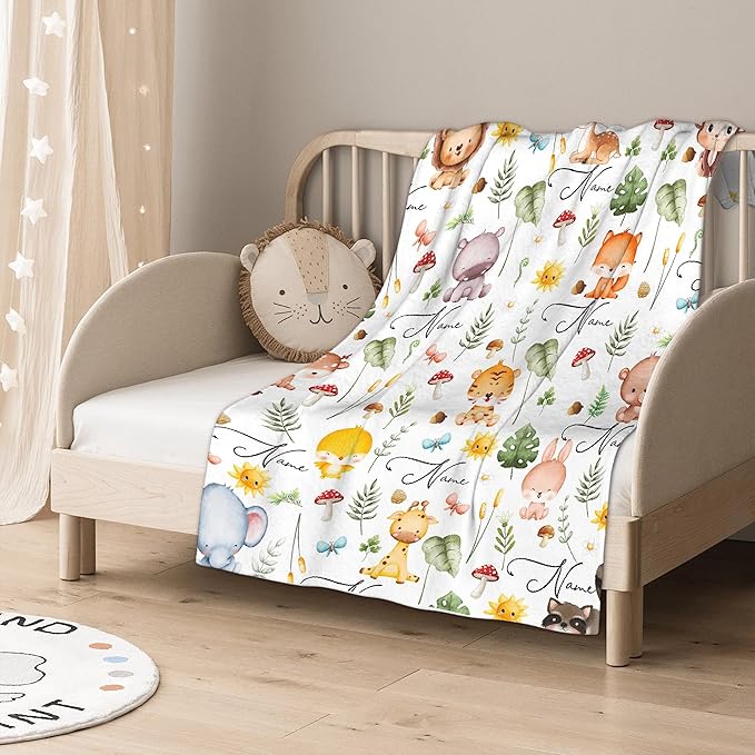 Personalized Baby Blanket for Girls Boys Animals Fox Custom Baby Blanket with Name Swaddle Blanket for Toddlers Infants Kids Shower Newborns Nursery Stroller Crib Decor Throw Birthday Gift