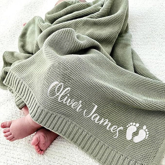 Luxury Personalized Name Knitted Baby Blanket - Embroidered, Soft Breathable Cotton Knit for Newborns - Valentine's Gift for New Moms Baby Boy Girl Birthday Christmas
