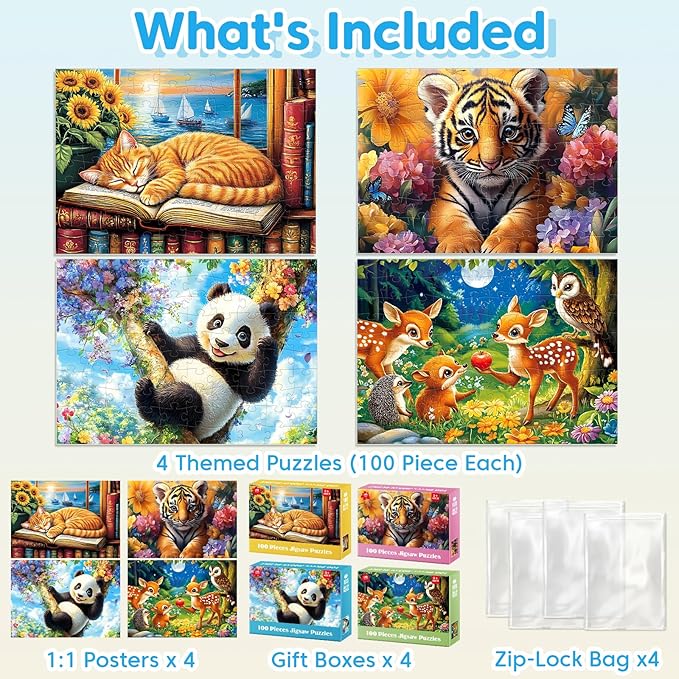 4-Pack 100 Pieces Puzzles for Kids Ages 4-6 6-8 Panda Tiger Deer Cat Puzzles 100 Pieces Jigsaw Puzzles for Kids 8-10 Year Old, Large Piece Puzzle for Seniors, Puzzle Toys for Boys and Girls