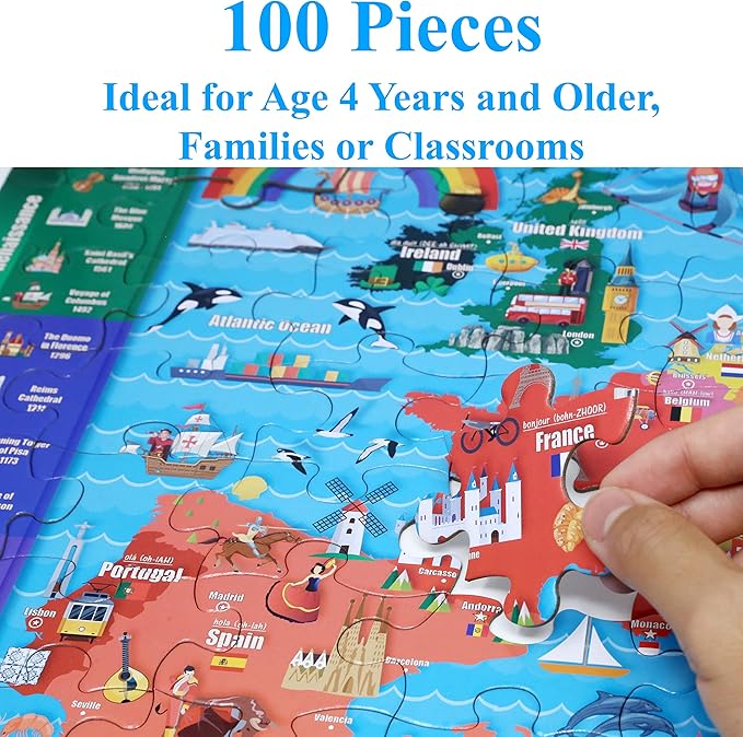 Think2Master Map of Europe 100 Pieces Jigsaw Puzzle Fun Educational Toy for Kids, School & Families. Great Gift for Boys & Girls Ages 4-8 for Learning European History. Size:23.4” X 16.5” by Kyle Kim