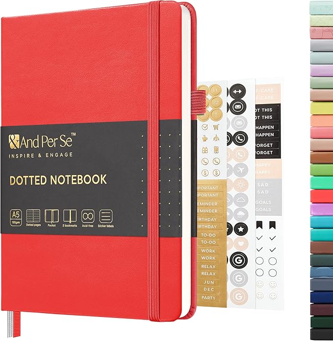 &And Per Se Dotted Journal Notebook, A5 Hardcover Bullet Dotted Journal, 160 Pages 100 gsm Thick Dotted Paper, 3 Sheets of Stickers Included - 5.7'' x 8''（Red）