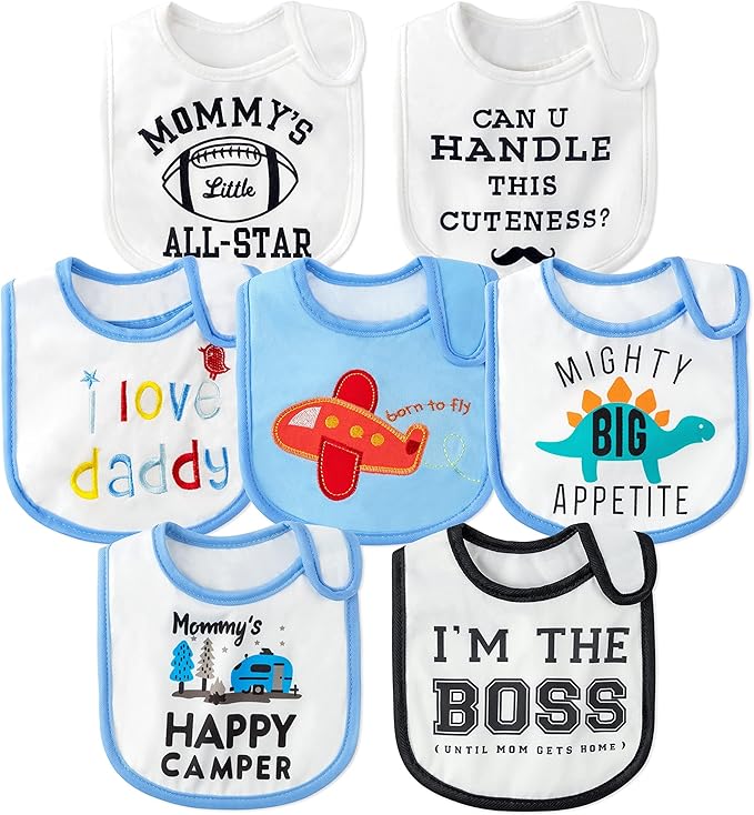 7Pcs Cotton Waterproof Baby Bibs Hook Loop Closure Newborn Bib Keepsake Baby Gift for Drooling Feeding Eating