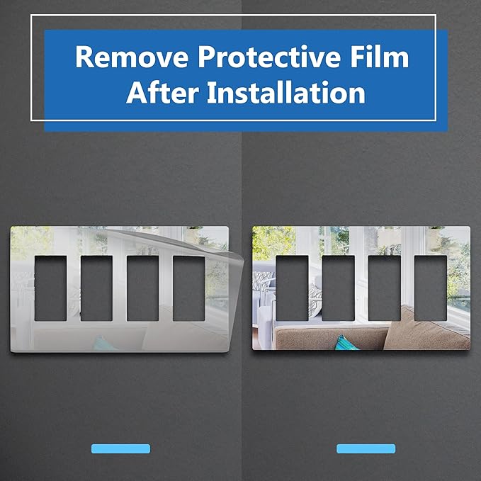 LIDER Quadruple Decorator Wall Plate, Impact Resistant, Mirrored Acrylic Plexiglass Reflective Finish Modern Upgrade Screwless Light Switch Outlet Cover Mid-Size 4-Gang 4.88" x 8.58" Silver