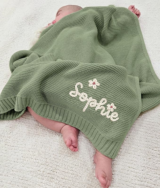 NAZENTI Personalized Hand Embroidered Baby Knit Blanket, Custom Baby Name, Newborn Baby Gifts, Cotton Knit Stroller Blanket, Custom Gifts for Birthday Baby Boys Baby Girls #08