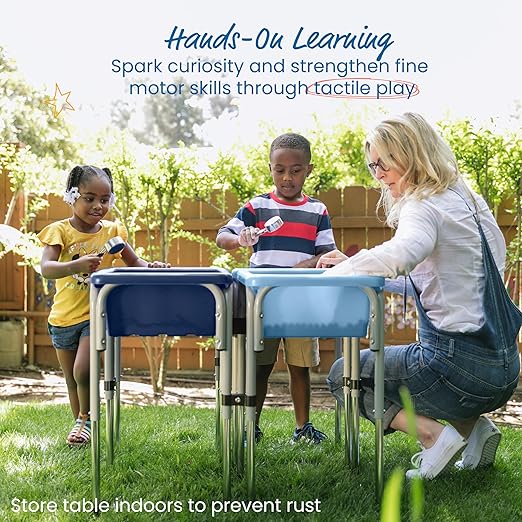 ECR4Kids 4-Station Sand and Water Adjustable Play Table, Sensory Bins, Navy/Powder Blue