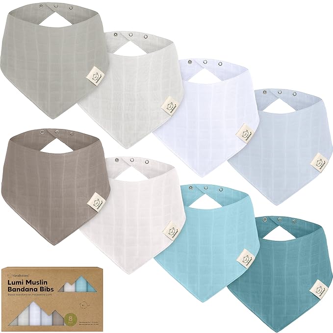 KeaBabies 8-Pack Muslin Baby Bibs for Boys, Girls - Muslin Bandana Drool Bibs for Baby Girl & Boy, Drooling Newborn, Teething Toddler, Infant 0-36 months, 100% Cotton Extra Absorbent & Soft (Nimbus)