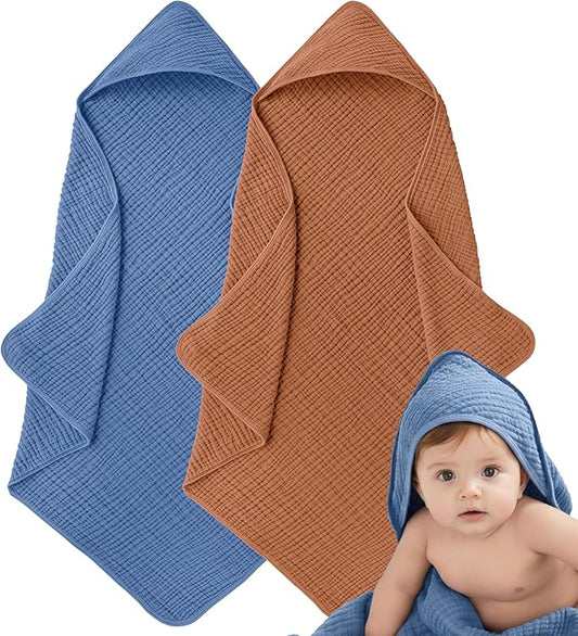 Muslin Hooded Baby Towels for Newborns, 32"x32", 100% Cotton – 6 Layers Super Soft Absorbent Breathable, Baby Bath Towel, Toddler Bath Towel – Pack of 2