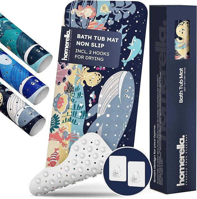 Homerella Baby Bath Tub Mat | Anti Mold Mildew Resistant Non Slip Kids and Adult Bath Tub Shower Mats | 40x16 inch Long with Suction Cups for Secure Grip Hooks for Storage & Drying | Machine Washable
