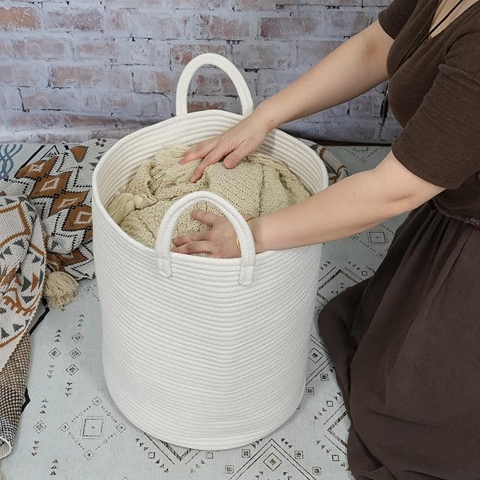 Cotton Rope Laundry Basket Hamper for Clothes Decorative Woven Storage Basket for Living Room Bedroom Boho Tall Rope Baskets for Blanket Toys Baby Nursery Hamper Bin Large white