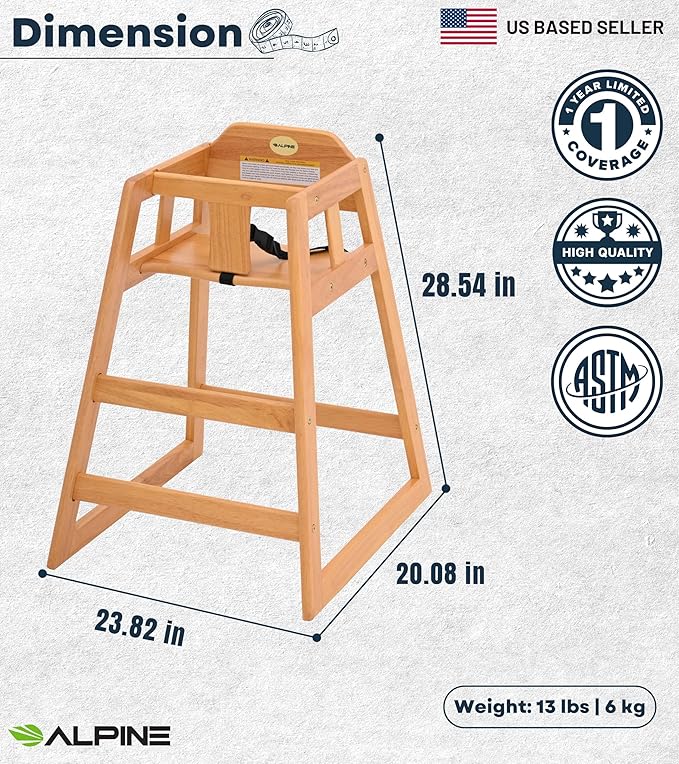 Alpine Wooden High Chairs for Babies and Toddlers with Safety Strap, Commercial Grade Restaurant High Chair, Durable Wood Space Saver Baby Feeding Chair, Ideal for Dining Spaces (2 Pack, Oak)