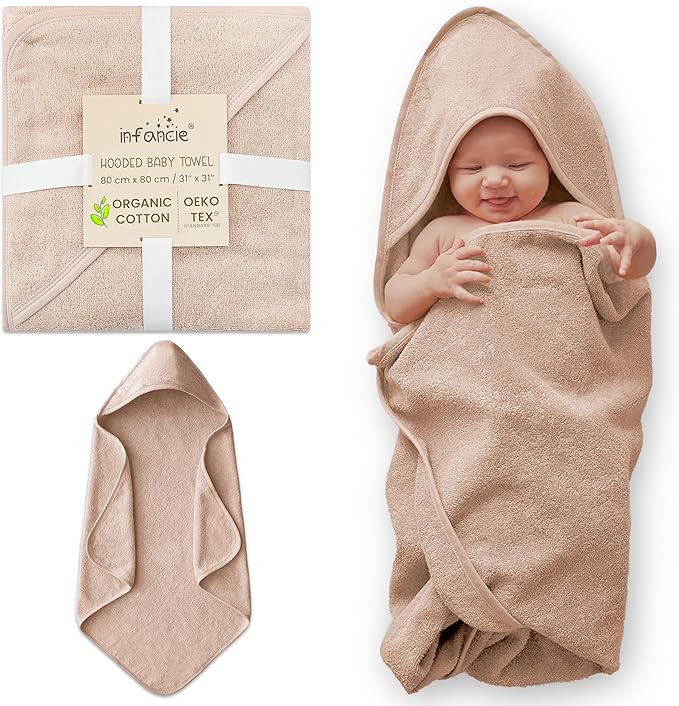 Organic Cotton Plush Woven Hooded Baby Towels, 31x31 Inches, Plush Bath Towels with Hood for Newborns and Kids, Girls & Boys (Blush, 31.4" L x 31.4" W)