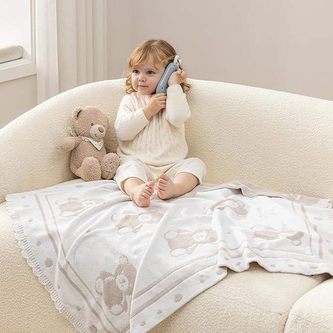 Berkshire Baby Blanket,Ultra-Plush Reversible Chenille Knit Toddler Blanket,Cute Pattern Nursery Crib Blanket,Ideal Baby Gift(30x40 Inches,Teddy Bear Knit White-Tan)