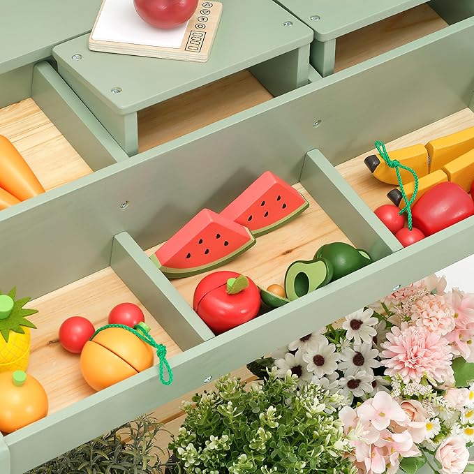 PairPear Wooden Mud Grocery Stand, 2-in-1 Outdoor Market Stand & Mud Kitchen for Kids Outdoor, Montessori Pretend Play Toy with 14 Accessories, Cash Register & Play Food, Ages 3+ in Green