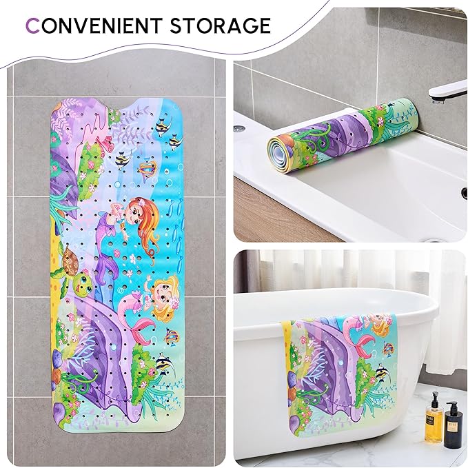 VANNOKOR Baby Bath Mat for Tub Non Slip Kids, 40 X 16 Inch Extra Long Bathtub Mat with Drain Holes and Suction Cups, Anti Slip Shower mat Machine Washable, Mermaid