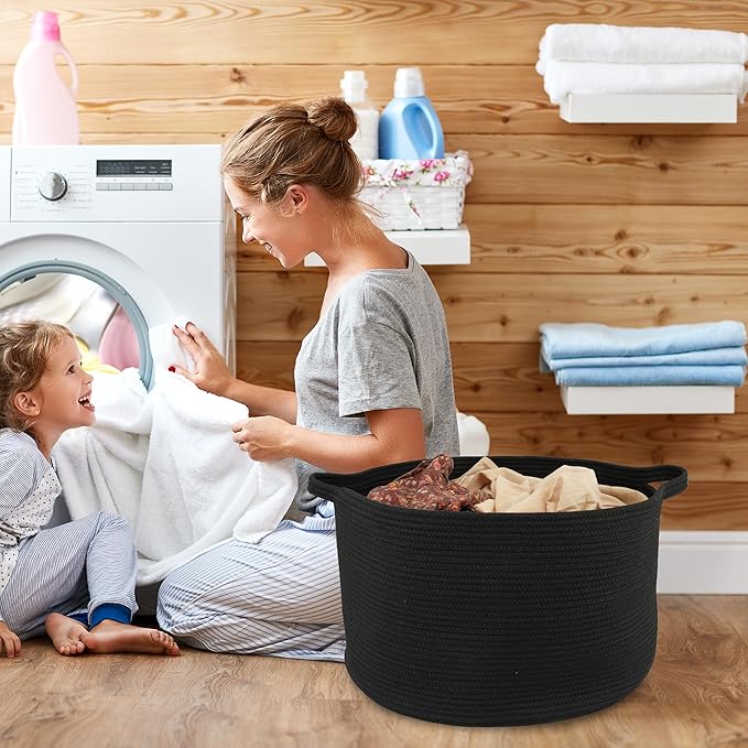 Large Cotton Rope Basket Blankets Basket Living Room 22"x14" Toy Baskets for Kids and Dogs Rope Storage Baskets for Nursery Woven Laundry Baskets for Clothes Towels round black