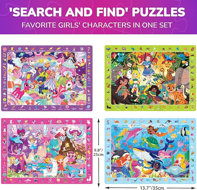 QUOKKA Princess Puzzles for Kids Ages 4-6 - Toddler Puzzles Ages 3-5 - 4-Pack 60 Piece Search and Find Jigsaw Puzzle 6-8 - Unicorn Mermaid Fairy Puzzle for Girls - Learning Educational Toy for 5 Year