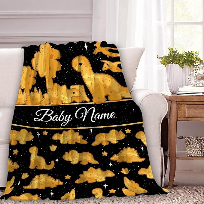 Personalized Baby Blanket for Girls Boys Chicken Nuggets Dinosaur Custom Blanket with Name Swaddle Blanket for Toddlers Infants Kids Shower Newborns Nursery Stroller Crib Decor Throw Birthday Gift