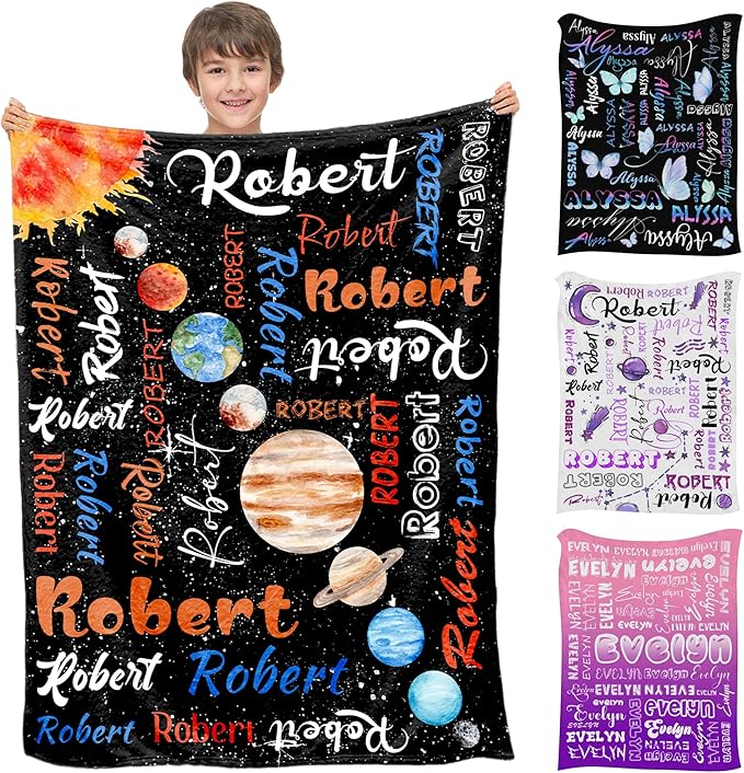 Personalized Baby Blanket with Name for Boys Girls, Custom Name Blankets for Kids Adults Planet Text Pattern Customized Throw Blanket for Newborn, New Mom, Baby Girl Boy, Daughter Son Niece Nephew