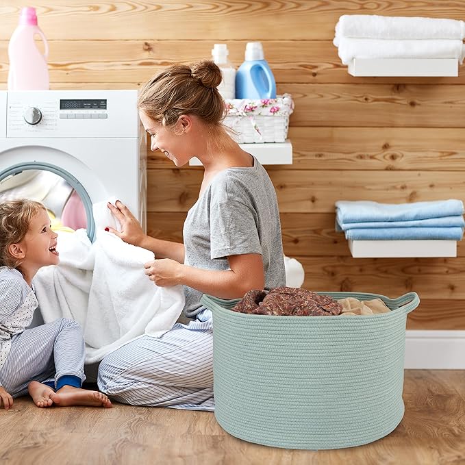 Large Cotton Rope Basket – 22"x14" Woven Storage Basket for Blankets, Toys, Laundry, and Nursery – Round Baskets for Living Room, Kids, and Pets Light Green