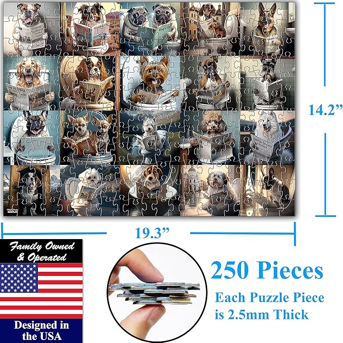 Think2Master Pooping Dogs 250 Pieces Jigsaw Puzzle Featuring heartwarming Puppies and Dogs. Perfect Bathroom Decoration, White Elephant Gag Gift. Fun Toy for Kids Families. Size: 14.2” X 19.3”
