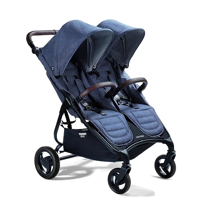 Valco Baby Trend Duo Light Weight Side by Side Double Stroller 2025 (Denim Blue) - Easy and Compact fold, Multi-Position Recline, Large Canopy, Independent Twin Vents and More - Luxurious Twin Pram
