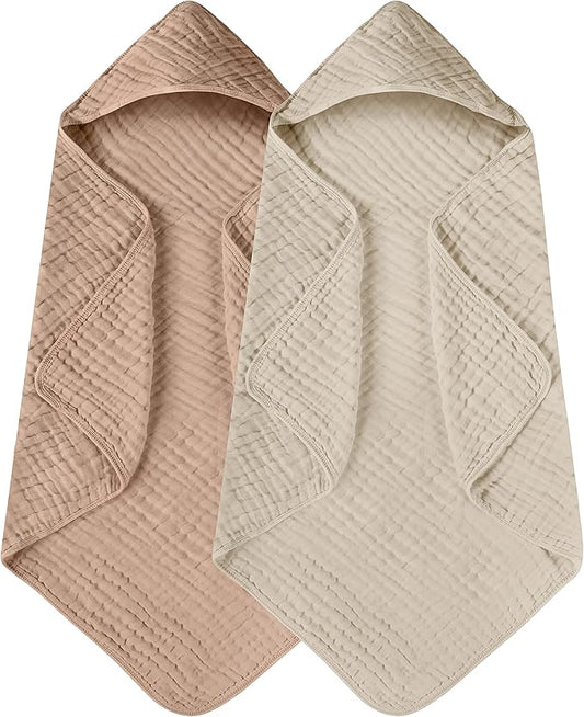 Yoofoss Hooded Baby Towels for Newborn 2 Pack 100% Muslin Organic Cotton Baby Bath Towel with Hood for Babies, Infant, Toddler and Kids, 32x32Inch, Soft and Absorbent Newborn Essential, Beige&Coffee