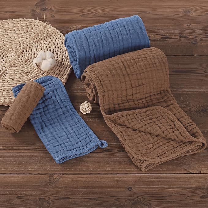 4-Piece Muslin Bath Towel Set - Perfect for New Moms, 32x32 Inch, 6-Layer Ultra-Soft Cotton, Ideal for Infants (Coffee & Blue)