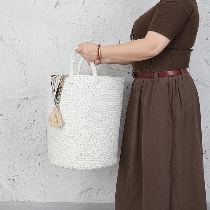 Cotton Rope Laundry Basket Hamper for Clothes Woven Storage Basket for Living Room Bedroom Boho Tall Rope Baskets for Blanket Toys Pillow Towels Baby Nursery Hamper Bin striped