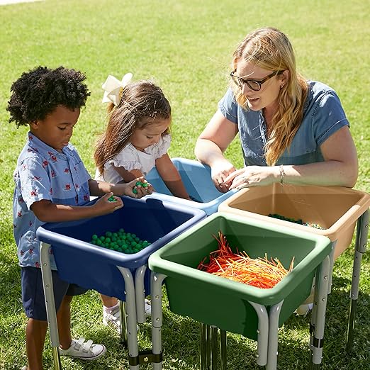 ECR4Kids 4-Station Sand and Water Adjustable Play Table, Sensory Bins, Earthtone