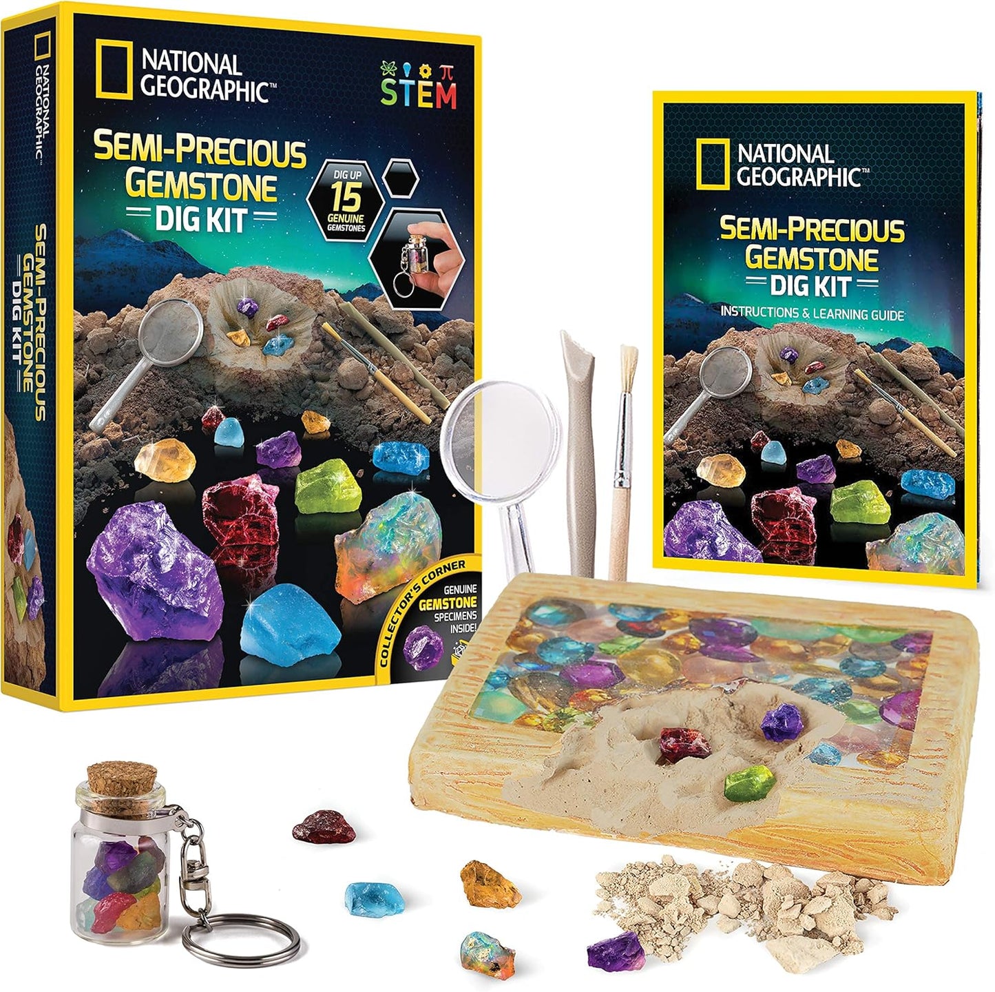 National Geographic Semi-Precious Gemstone Dig Kit for Kids - 15 Gems Including Amethyst, Garnet, Opal, Blue Topaz, and More