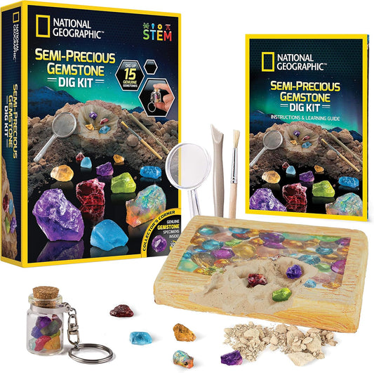 National Geographic Semi-Precious Gemstone Dig Kit for Kids - 15 Gems Including Amethyst, Garnet, Opal, Blue Topaz, and More