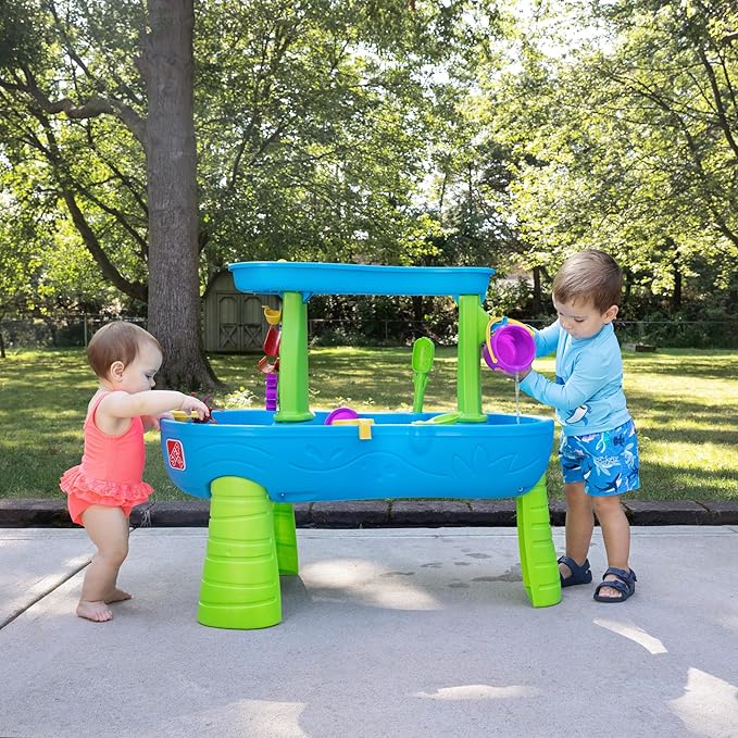 Step2 Rain Showers Splash Pond Water Table with Cover, Kids Water and Sand Activity Sensory Playset, Summer Outdoor Toys, 13-Piece Water Toy Accessories, for Toddlers 1.5+ Years Old, Blue & Green