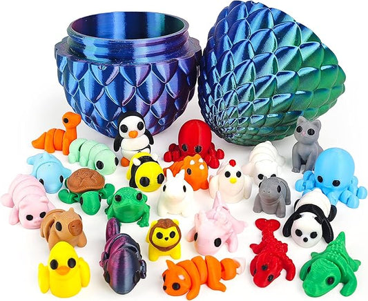 25 pcs Mini 3D Printed Animal Figurines Set with Dragon Egg: Articulated, Flexible, and Exquisitely Cute Fidget Toys for Play and Display for Valentine's Day, Easter, Bithday.