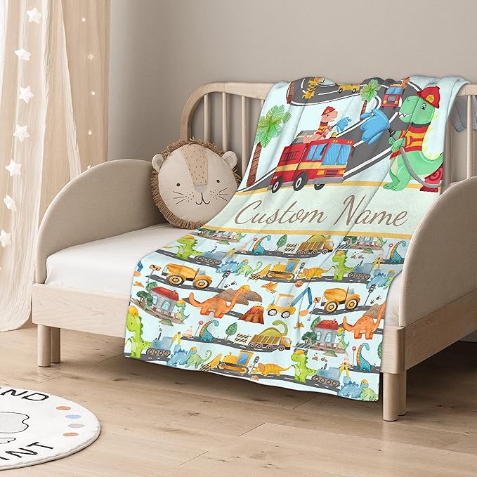 Personalized Dinosaur Fire Truck Custom Baby Blanket with Name - Swaddle Blanket for Toddlers, Infants, Kids - Shower, Newborns, Nursery, Stroller, Crib Decor, Throw, Birthday Gift
