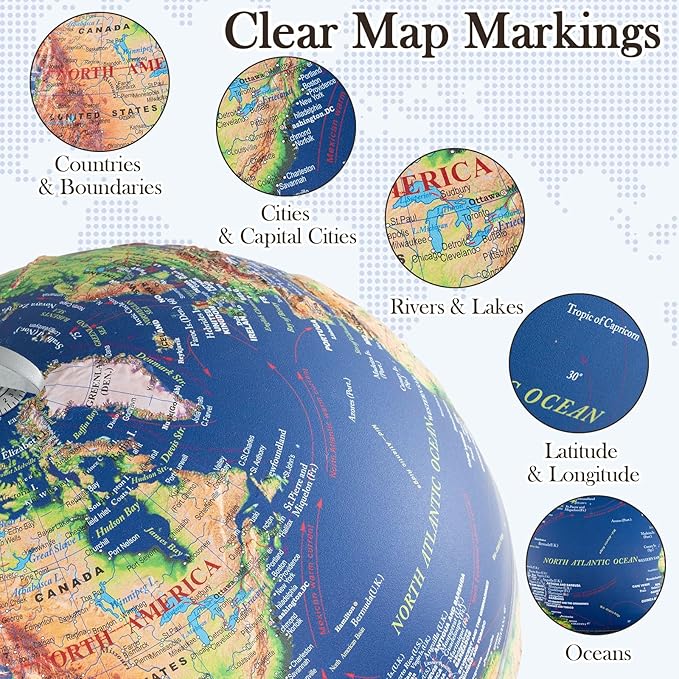 12" Illuminated World Globe, Desktop Globe with Raised Relief, LED Lights, Time Zone & Non-Slip Wooden Base, Geographic Terrain Globes for Decoration & Living Room (Navy)