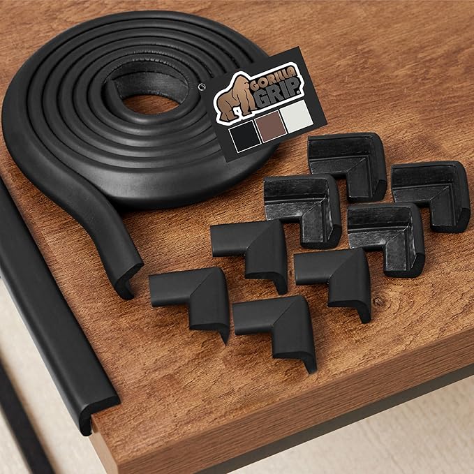 GORILLA GRIP Baby Proof Corners and Edges for Furniture, Kid Proofing Adhesive Table Corner Protectors, Heavy Duty Soft Rubber Foam Protection, Includes 8 Protective Safety Guards, 10 Feet, Black